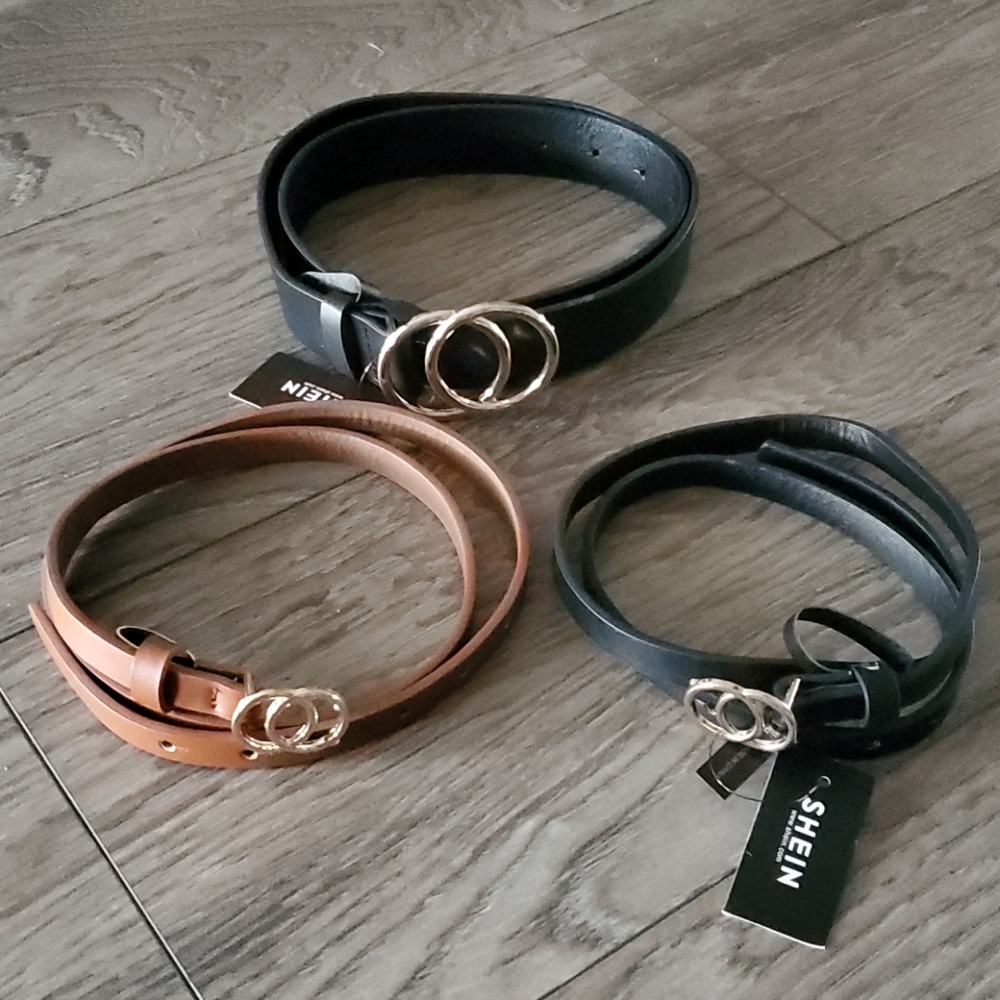 SHEIN Black and Brown Belt Set with Gold Buckles